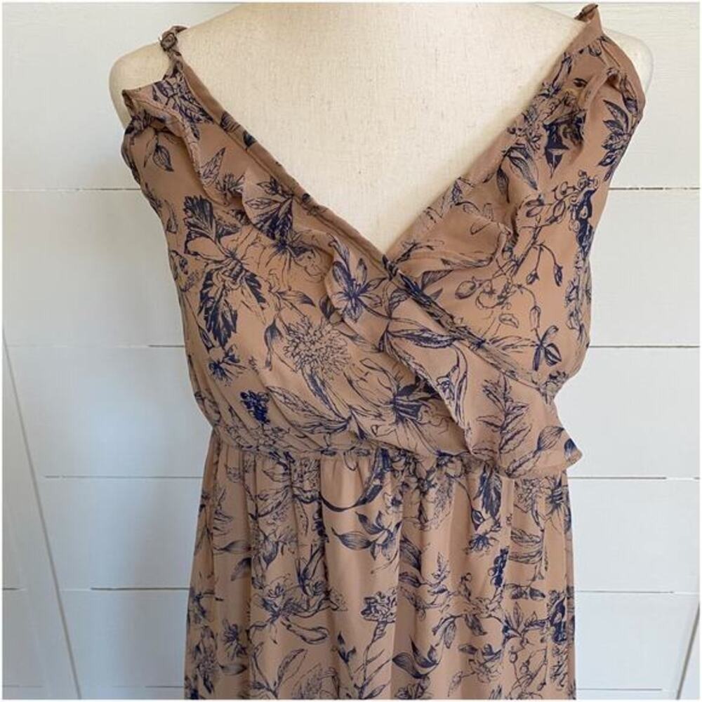 Nordstrom Soprano Brown Tan w/Navy Flowers Sheer Ruffled Flowy Dress XS NWT - Picture 3 of 10